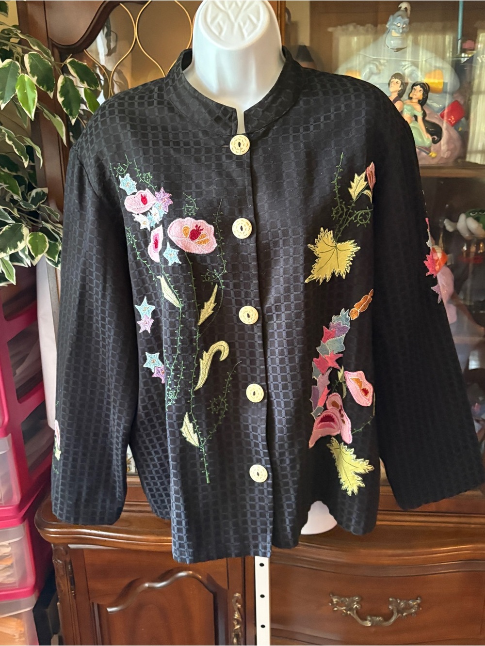 Alex Kim Black Satin Art to Wear Whimsical Eclectic Embroidered Floral Jacket L